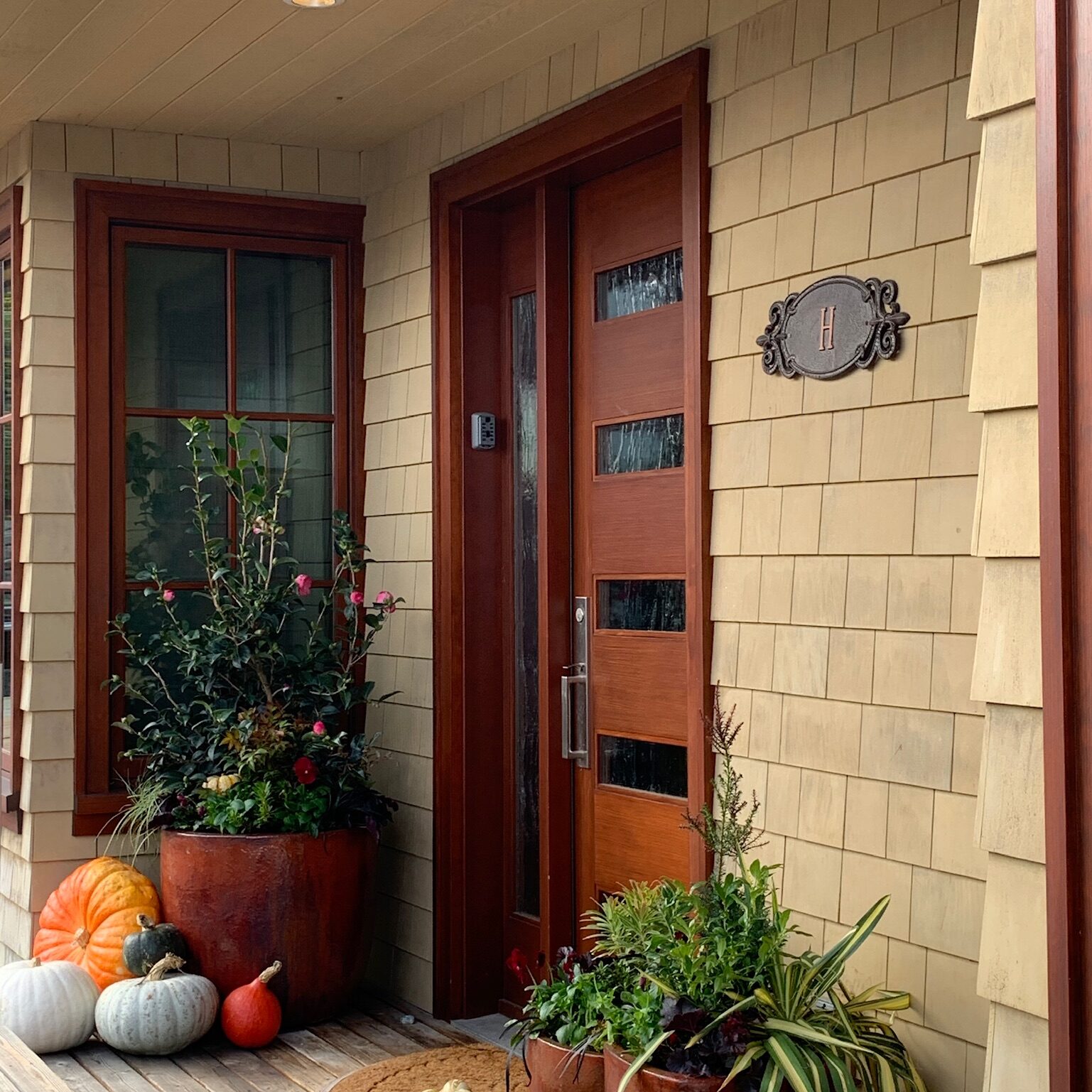 Front Entry Fall Container Garden Vignette with Pumpkins 